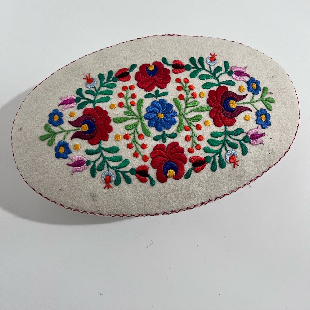 Vintage Wool Felt Embroidered European Large Oval Covered Trinket Storage Box